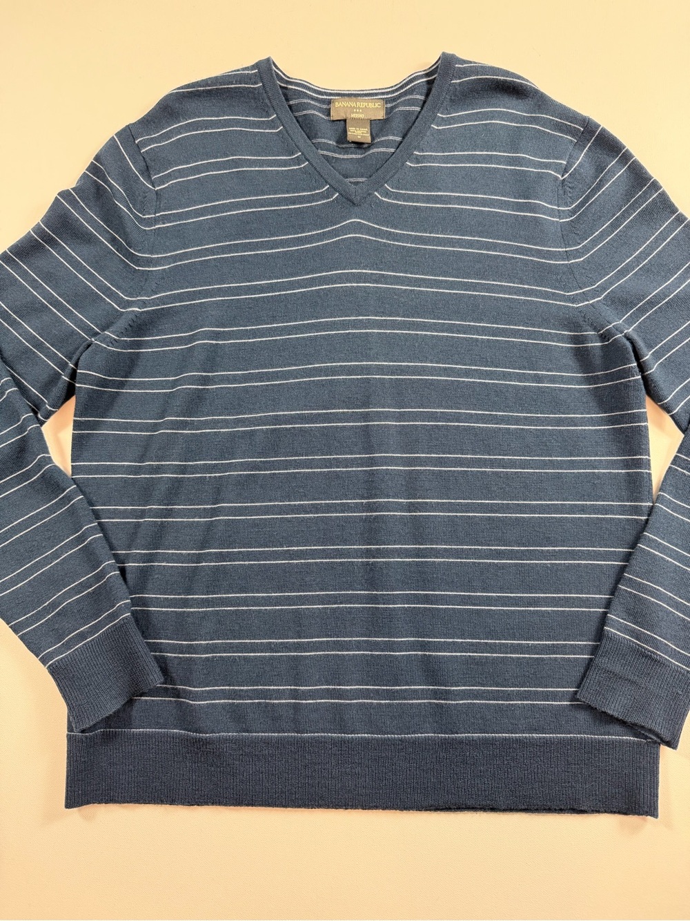 Banana Republic Merino Wool Sweater Mens M Blue Striped Lightweight Quiet Luxury